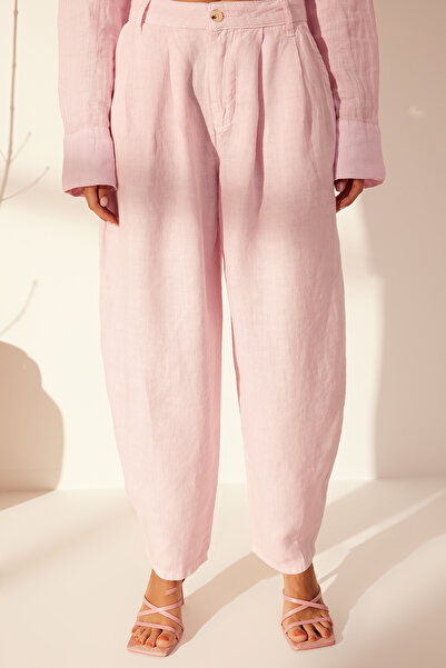 Trendyol Collection Ροζ 100% λινό ψηλόμεσο παντελόνι TWOSS24JE00243