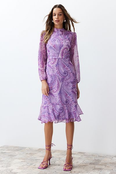 Trendyol Collection Μίντι υφαντό φόρεμα σιφόν με μοτίβο λιλά με επένδυση σιφόν TWOAW23EL01436