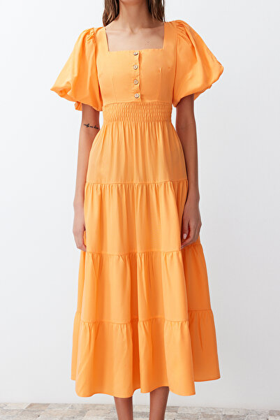 Trendyol Collection Orange Waist Opening Gipe and Back Detailed Square Collar Maxi Woven Dress TWOSS24EL00431