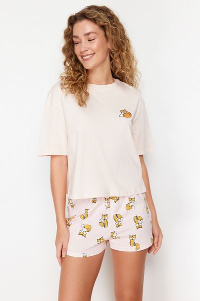 Trendyol Collection Sada pyžama ze 100% bavlny s barevným růžovým zvířecím vzorem - THMSS24PT00172
