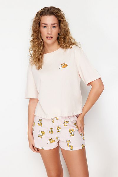Trendyol Collection Sada pyžama ze 100% bavlny s barevným růžovým zvířecím vzorem - THMSS24PT00172