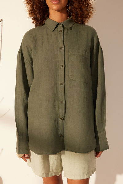 Trendyol Collection Green 100% Linen Oversize Shirt TWOSS23GO00443