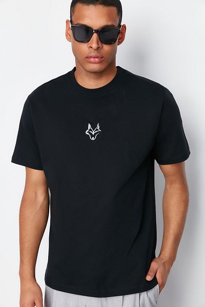 Trendyol Collection Tricou Tok 100% bumbac cu broderie Black Wolf - TMNSS24TS00056