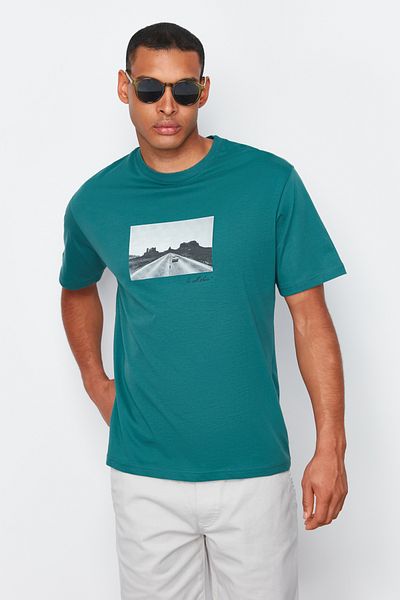 Trendyol Collection Emerald Green Oversize Photoprint εμπριμέ βαμβακερό μπλουζάκι - TMNSS24TS00047