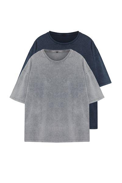 Trendyol Collection 2 csomagos AnthraciTe és Indigo VinTage póló - sápadt hatású TMNSS24TS00194