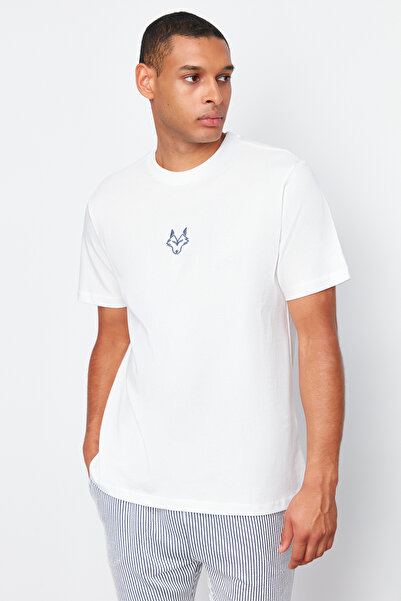 Trendyol Collection Farkas hímzett ekrü pamut póló - normál szabású TMNSS24TS00056