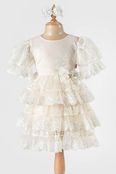 Tivido Short Sleeve Lace Girl's Evening Dress with Layered Skirt