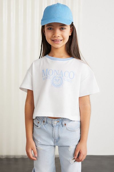 GRIMELANGE BITTEN T-Shirt für Mädchen, 100 % Baumwolle, bedruckt, Kragen in Kontrastfarbe, kurzärmlig, blau
