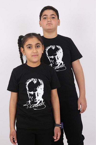 Çiggo Kids Tricou pentru copii din bumbac cu steagul turcesc și imprimat Ataturk pentru fete și băieți (UNİSEX) 5-13 ani