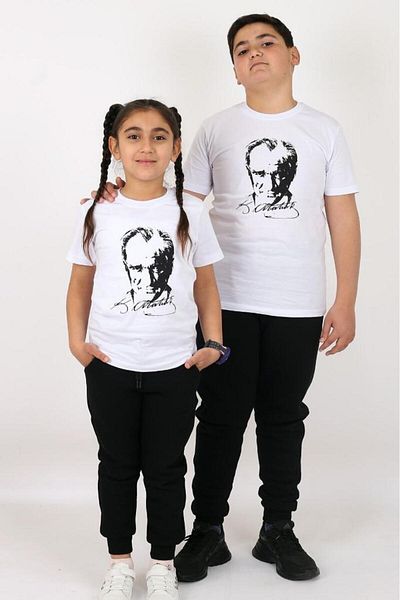 Çiggo Kids Παιδικό μπλουζάκι από βαμβάκι με στάμπα Ataturk και τουρκική σημαία για κορίτσια και αγόρια (UNİSEX) 5-13 ετών
