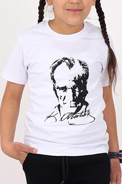 Çiggo Kids Παιδικό μπλουζάκι από βαμβάκι με στάμπα Ataturk και τουρκική σημαία για κορίτσια και αγόρια (UNİSEX) 5-13 ετών