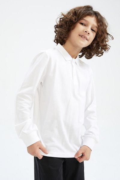 DeFacto Tricou școlar cu mânecă lungă cu guler polo alb pentru băiat L0288a623sp