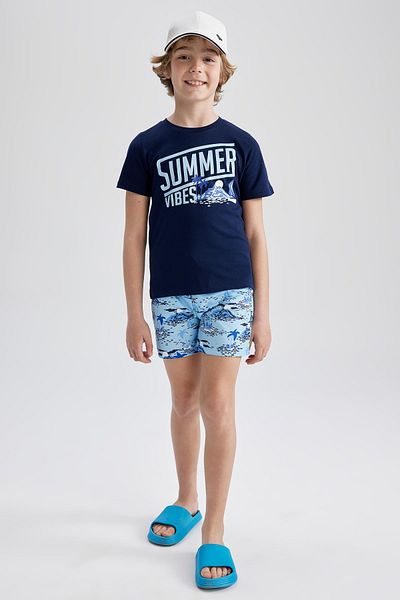 DeFacto Boy's Printed Short Sleeve T-shirt Sea Shorts 2-Piece Set Z8134a623hs