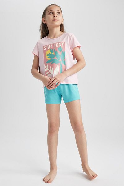 DeFacto Girl's Printed Short Sleeve Pajama Set with Shorts A1600a823sm