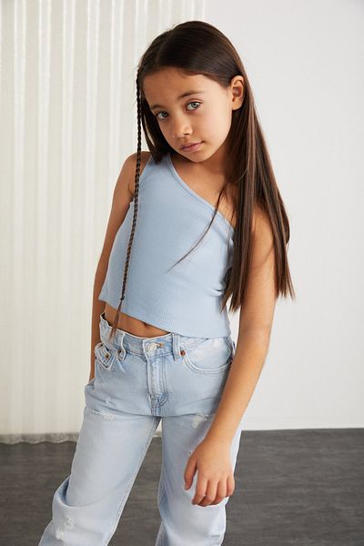 GRIMELANGE Coral-grm24027 95% bumbac 5% elastic Top pe un umăr în coastă Bustieră albastră