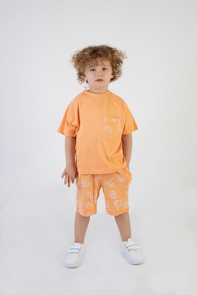 Harika KIDS Boy's Palm Tree Printed Orange Color Short Sleeve Shorts Top and Bottom Set