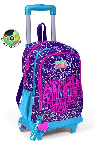 Coral High Rucsac școlar cu racletă cu trei compartimente pentru copii, violet, albastru, roz, cu model de inimă 23940