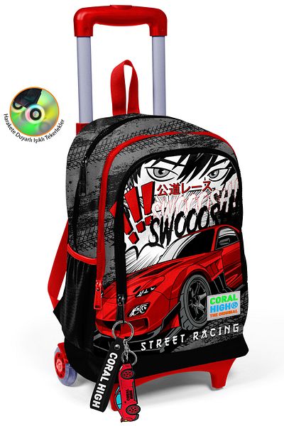 Coral High Rucsac școlar cu trei compartimente pentru copii, negru, roșu, anime 23947
