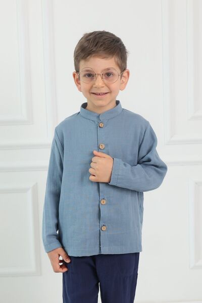 Cuckoo Cotton قميص موسلين للأطفال بياقة القاضي باللون الأزرق