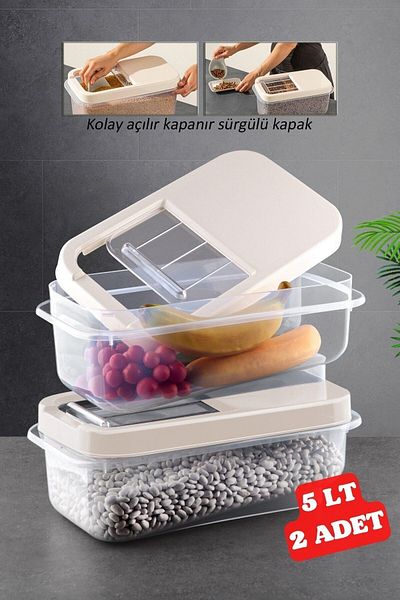 Nandy Home 2 Pieces 5 Lt Multibox with Easy Sliding Lid Food Pulses Vs. Storage Container Cream