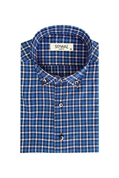 SÜVARİ Ανδρικό πουκάμισο Cavalry Slim Fit μπλε κοντομάνικο