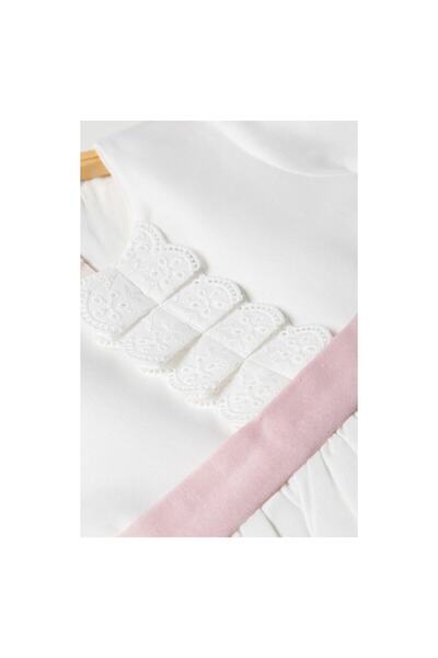 Şirin Şeyler Butiği Diana μακρυμάνικο ροζ φιόγκο Κοριτσίστικο λευκό κομψό φόρεμα Scallop φόρεμα Scalloped