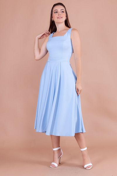 lovebox Tesatura Atlas flexibila Decolteu patrat Bretele groase Plisate Decupaj evazat Lungime Midi Rochie de seara Bebe Blue 413