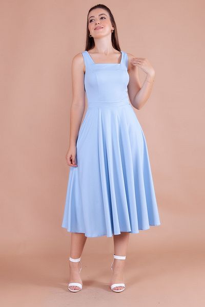 lovebox Tesatura Atlas flexibila Decolteu patrat Bretele groase Plisate Decupaj evazat Lungime Midi Rochie de seara Bebe Blue 413