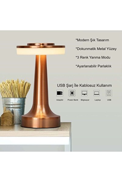 HyMark Retro Şarjlı Dekoratif Dokunmatik Metal Masa Lambası 3 Renk Mod Dim Edilebilir