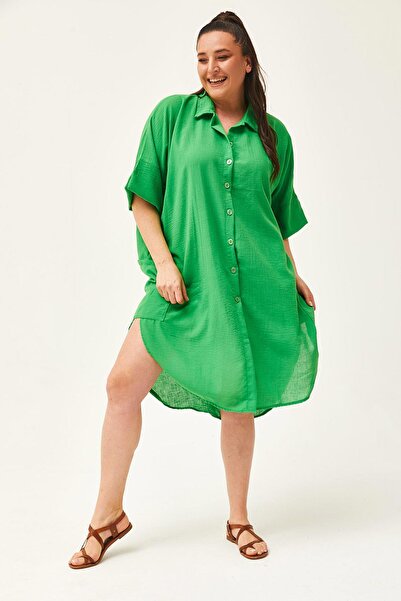 Ebsumu Women's Plus Size Low Sleeve Extra Comfortable Fit Linen Green Shirt Dress