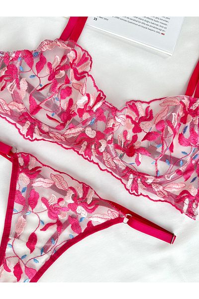 Arinda Garden Fuchsia Underwire Embroidery Cupless Pink Underwear Set