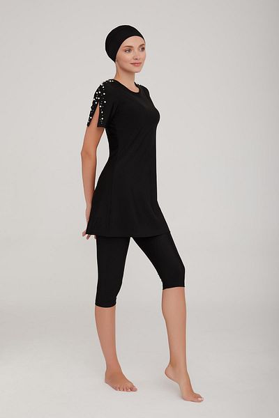Adasea Black Hijab Swimsuit - Semi-Closed with Lycra and Water Push Feature 3909