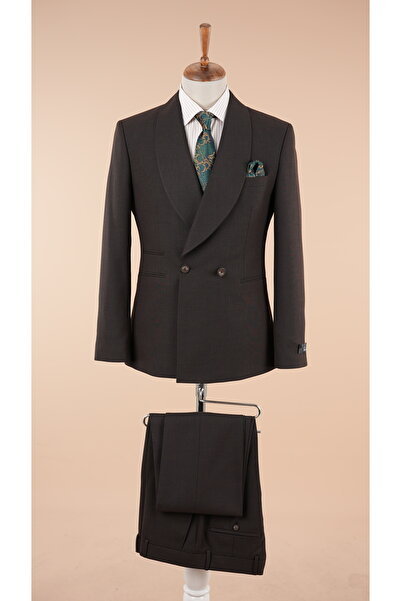 LONATOLİA Erkek Kruvaze Takım Elbise Şal Yaka İtalyan Stil Slim Fit Ceket Pantolon-Acı Kahve