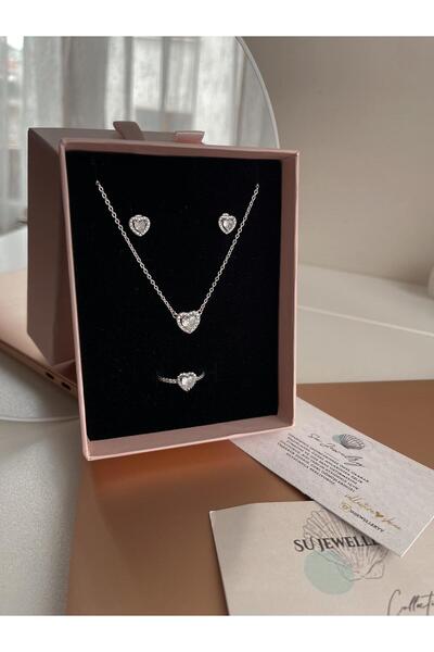 su jewelry collective shine 925 Ayar Gümüş Kalp Model 3 lü Set Kolye, Küpe Ve...