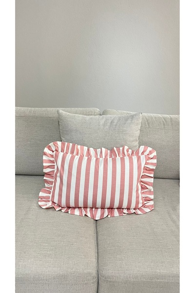 Çizgili Pembe Beyaz Fırfırlı Keten Kırlent Kılıfı 30x50 cm