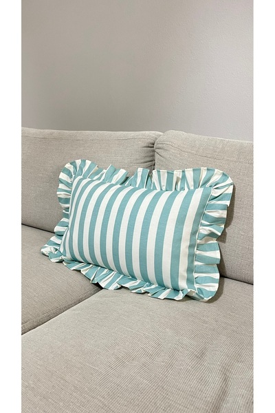 Çizgili Mavi Beyaz Fırfırlı Keten Kırlent Kılıfı 30x50 cm