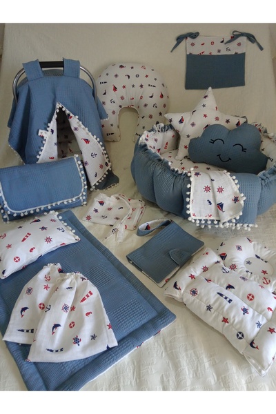 Wenaris 17 Parçalık Yuvarlak Babynest Seti ( Muslin Ve Beyaz Waffle Pike Kuma...