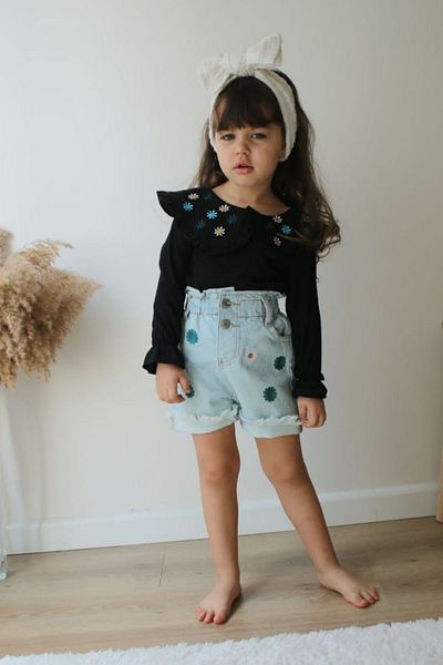 Tarz Çocuk Girl's Daisy Embroidery Denim Shorts Bady Style Set