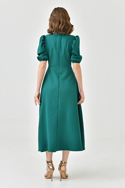 lovebox Γυναικείο κοντό μανίκι με στρογγυλή λαιμόκοψη, ελαστικό κρεπ ύφασμα μίντι, πράσινο φόρεμα 092