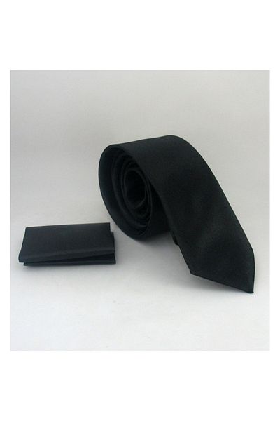 Gaffy Cravată din satin de culoare solidă, neagră, slim fit, cu batistă - SS-01 negru