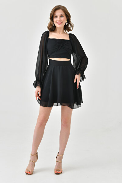 lovebox Astarlı Şifon Kumaş Straplez Yaka Önü Etek Ve Üst Görünümlü Tek Parça Siyah Mezuniyet Elbisesi 013
