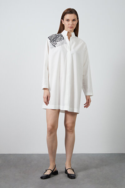 GİZİA Omuz İşlemeli Uzun Kollu Ekru Gömlek