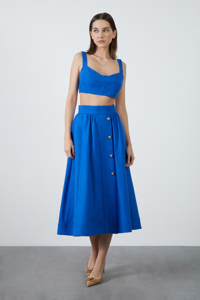 GİZİA Askılı V Yaka Saks Mavisi Crop