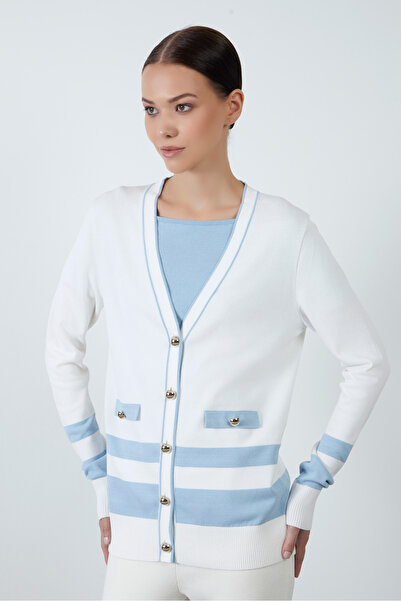 GİZİA Gold Düğme Detaylı Mavi Çizgili Triko Ekru Hırka