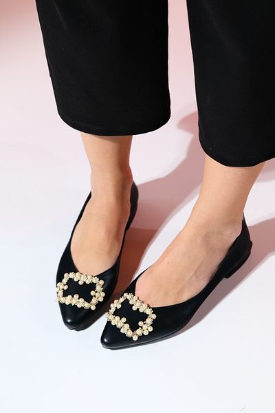 LuviShoes GHENT Black Skin Pearl Stone Pantofi de balerină pentru damă
