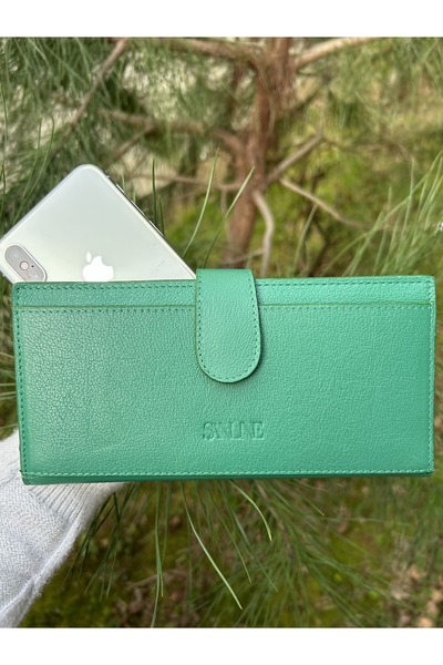 Sanlıne Genuine Leather Women's Wallet with Phone Compartment - Handheld Portfolio Green