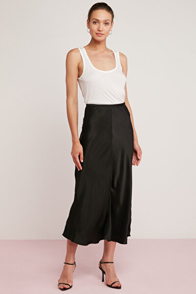 ETHIQUET Rosanne Black Midi Length Light Viscose Satin Skirt - Elastic Flush Length