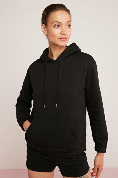 ETHIQUET Γυναικεία μαλακή μπλούζα από χοντρό ύφασμα Abelia με κουκούλα, άνετη εφαρμογή, μαύρο φούτερ με φλις μέσα