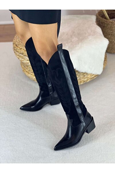 SHOEMARK Costa Siyah Nakış Detaylı Western Kadın Çizme