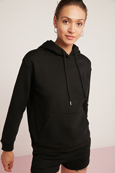 ETHIQUET Γυναικεία μαλακή μπλούζα από χοντρό ύφασμα Abelia με κουκούλα, άνετη εφαρμογή, μαύρο φούτερ με φλις μέσα